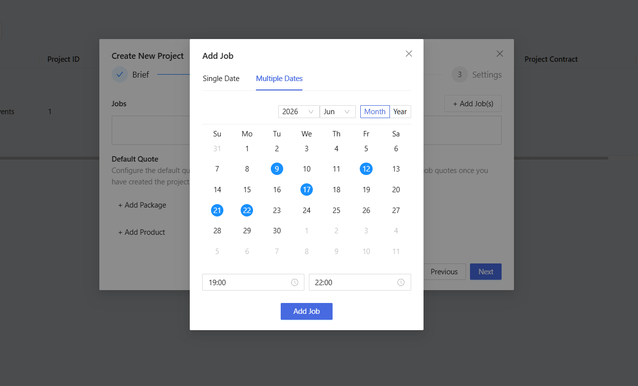 Add Job dialog with multiple dates selected across a month calendar