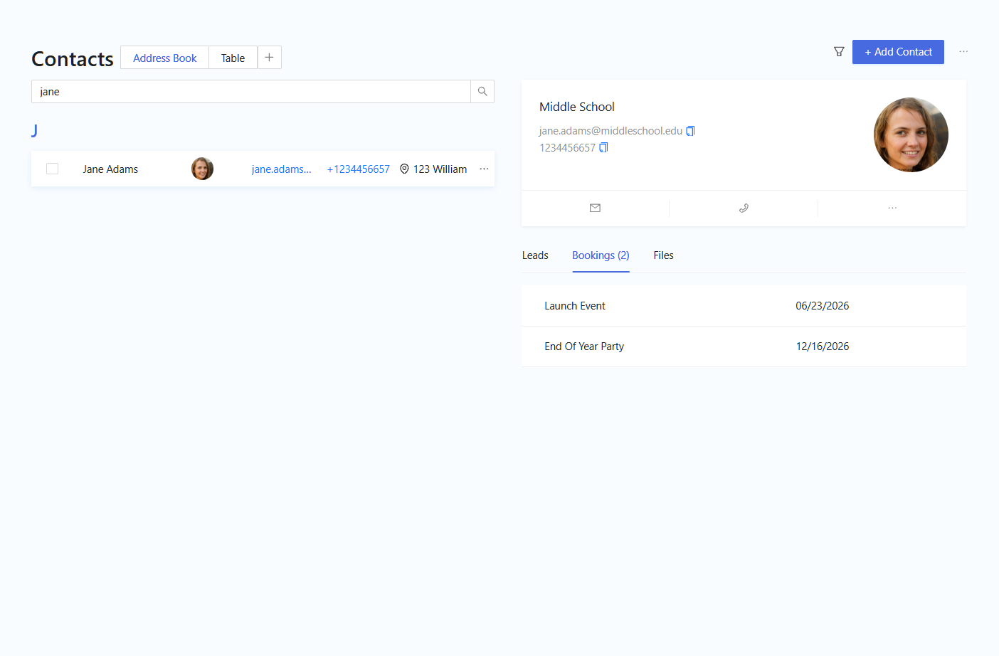 Contact account view with booking history