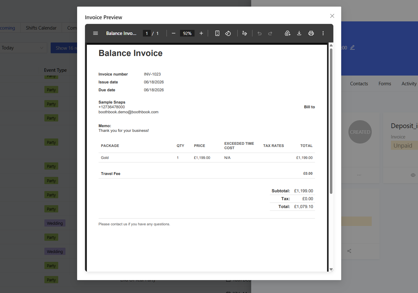 Branded BoothBook invoice with package, quantity, price and tax breakdown