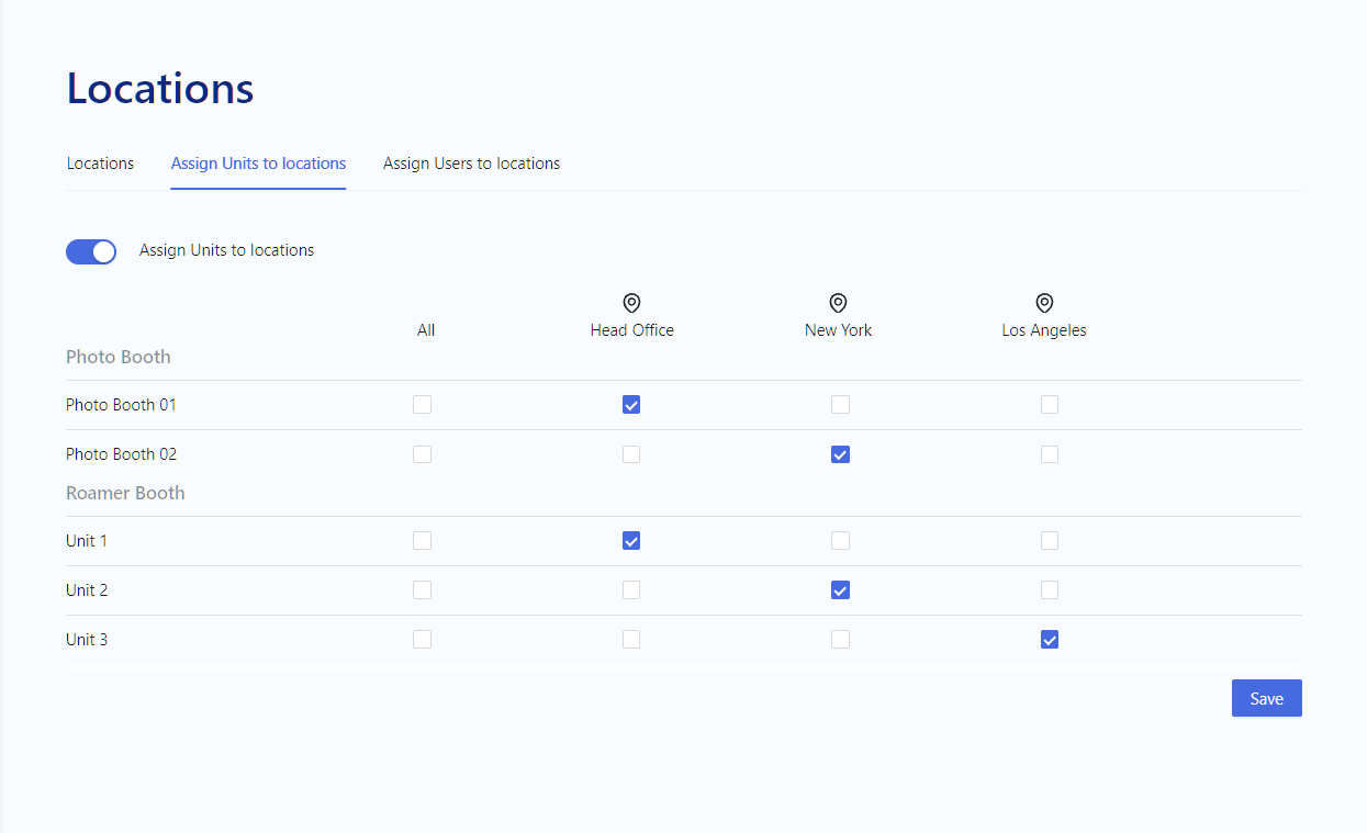 Assign units to locations matrix with checkboxes per location