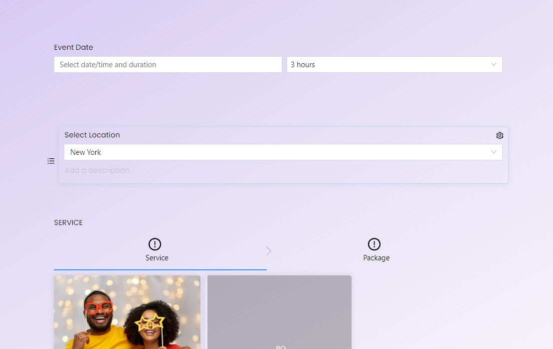 Booking form with location selector showing New York