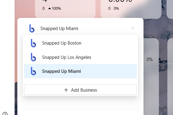 Business switcher listing Snapped Up Boston, Los Angeles and Miami under one franchisor account