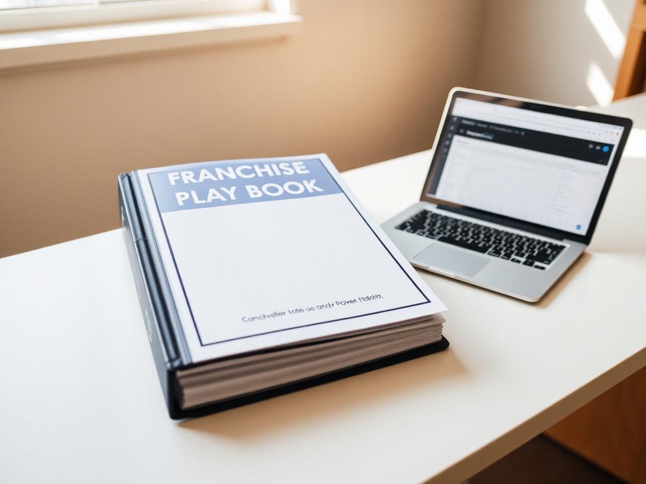 Franchise playbook next to a laptop showing a central dashboard