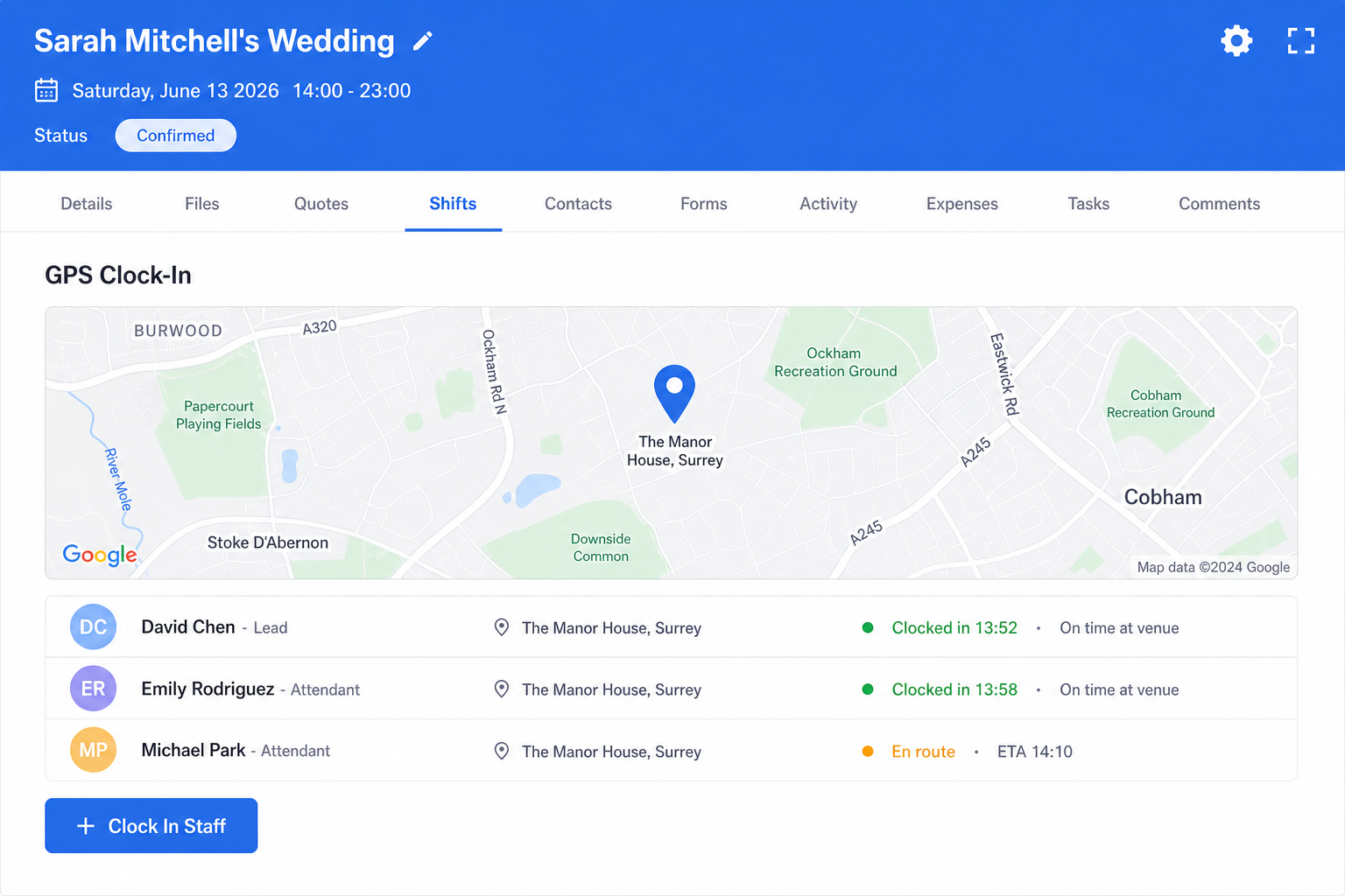 GPS clock-in view with a venue map pin and staff clock-in status
