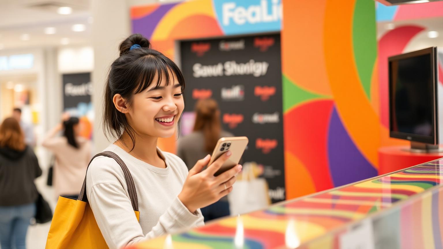 Shopper interacting with a branded retail activation booth