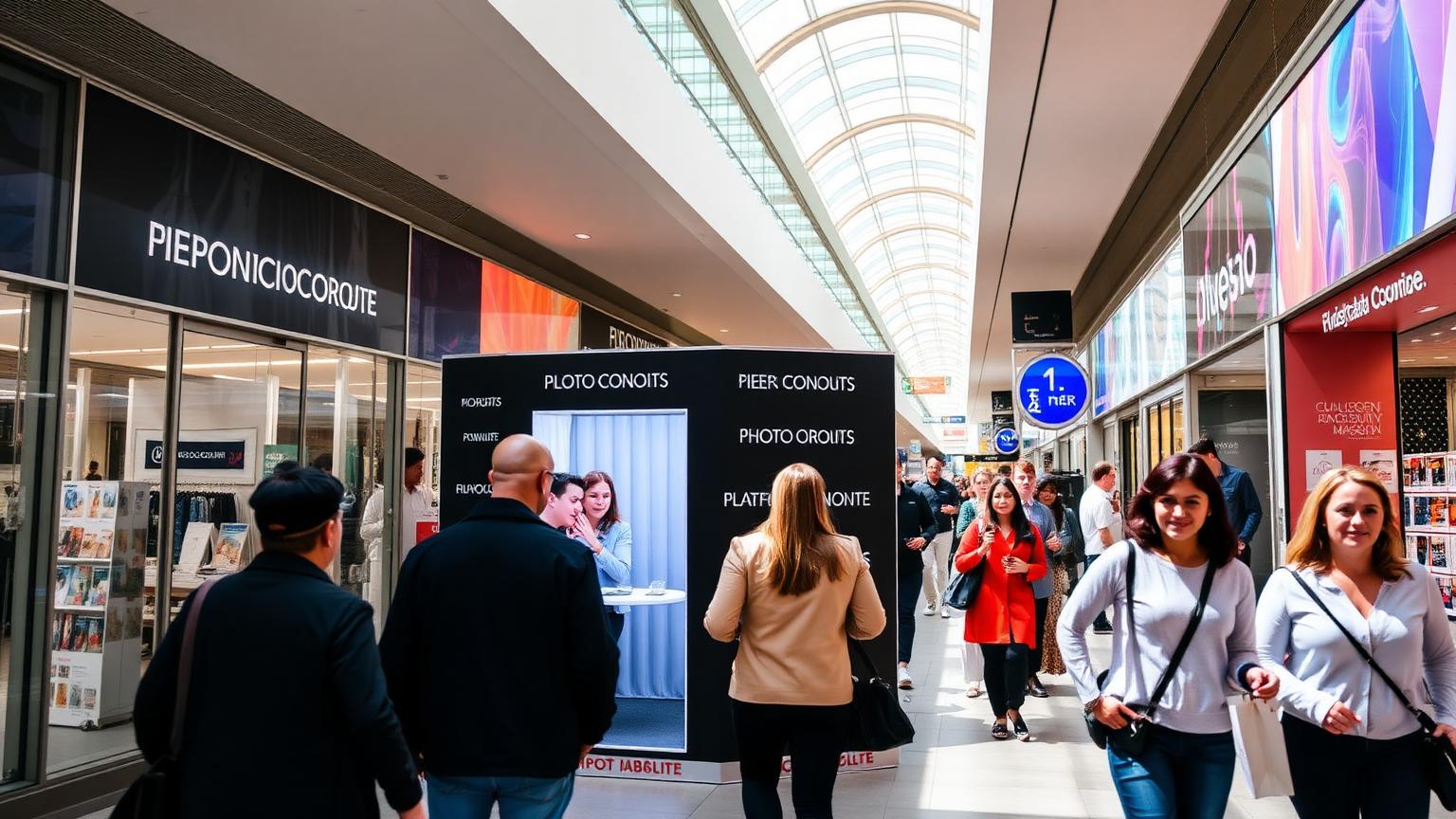 Branded photo booth pop-up inside a busy shopping centre