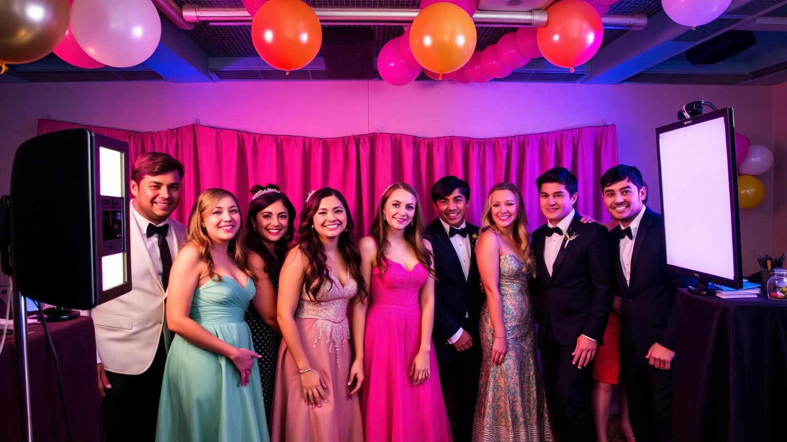 Photo booth at a university prom with students lining up