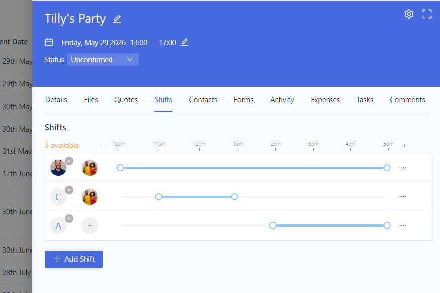Event shifts view showing staff assigned to time slots on a timeline