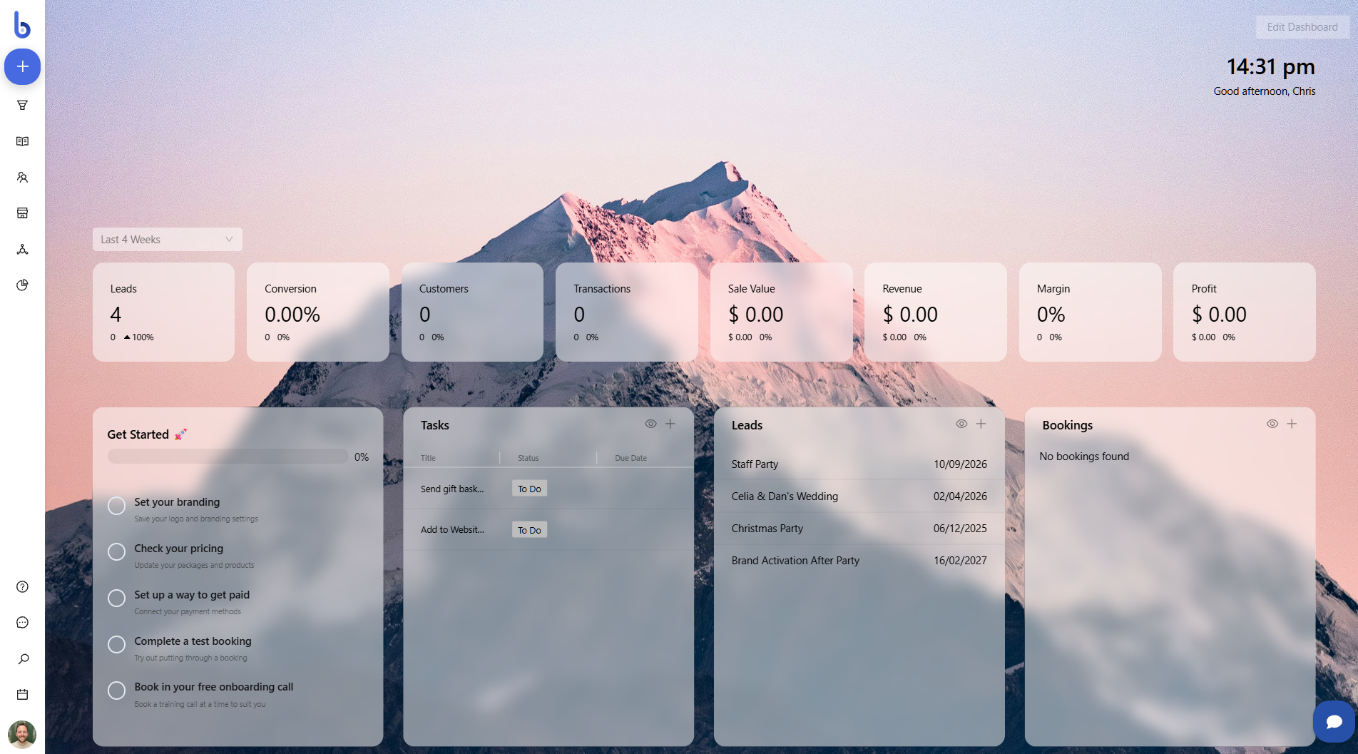 Franchisee dashboard with standardised widgets for leads, conversion, tasks and bookings