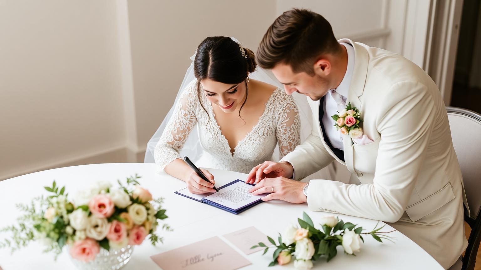 Bride and groom signing a contract on their phone